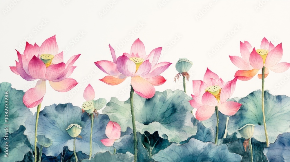 Poster Watercolor Lotus Blossoms