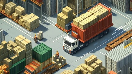 An isometric view of a busy warehouse with a delivery truck, forklifts, and workers.
