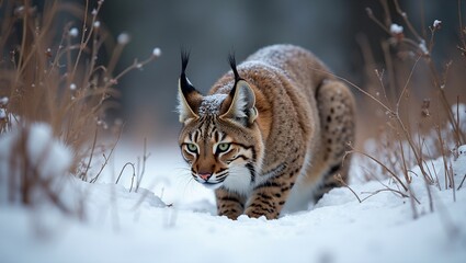 Obraz premium Wild bobcat hunting in snowy forest ears alert