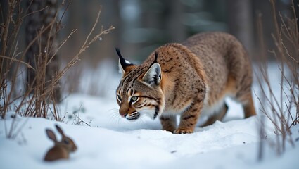 Wild bobcat hunting in snowy forest ears alert