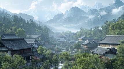 Traditional Asian Village in Mountainous Landscape