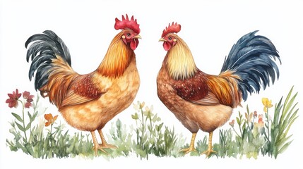 Fototapeta premium Watercolor Roosters in a Field