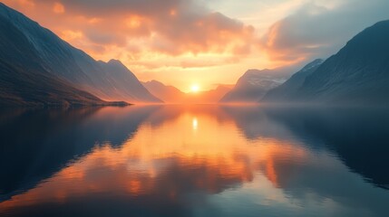 A beautiful sunset over a lake with mountains in the background