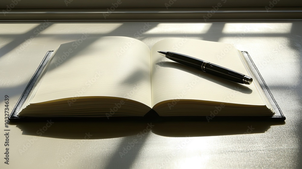 Poster open notebook and pen on a soft surface