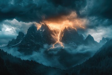 Dramatic Lightning Strike Over a Misty Mountain Range