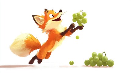   A fox holding a cluster of grapes in its mouth and surrounded by grapes in the background