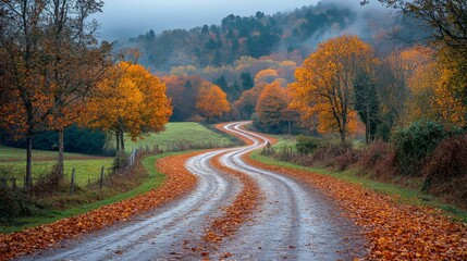Obraz premium A meandering road lined with colorful autumn leaves leads through a peaceful countryside, framed by trees in warm hues during early morning light.