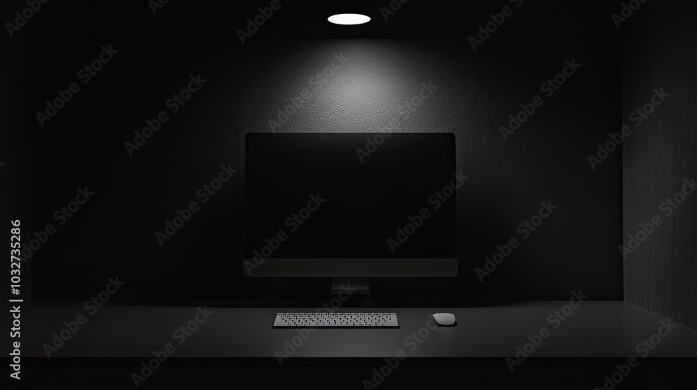 Poster minimalist workspace with black background and monitor