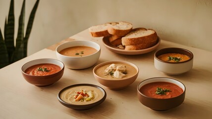 Wooden table with variety of soups and bread