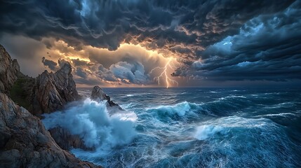 Fototapeta premium A dramatic stormy seascape with dark clouds gathering over a turbulent ocean, lightning illuminating the sky, and waves crashing against rocky cliffs