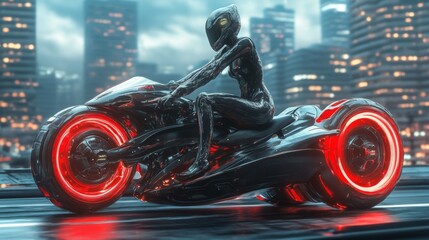 Obraz premium Futuristic Alien Biker in Neon Cityscape