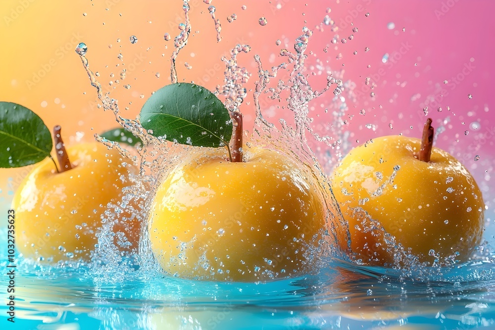 Poster three yellow apples splash into a pool of water, creating a vibrant and refreshing scene.