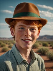 Young, red-haired Caucasian boy with freckles wearing tan hat and smiling in desert landscape