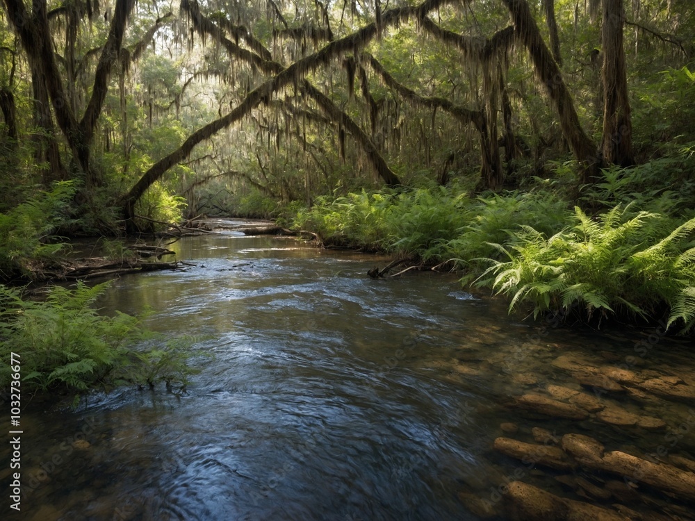 Aufkleber lush, green forest with flowing river running through it. river surrounded by tall trees covered in 