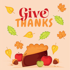 Thanksgiving pie and apples with colorful autumn leaves, Vector