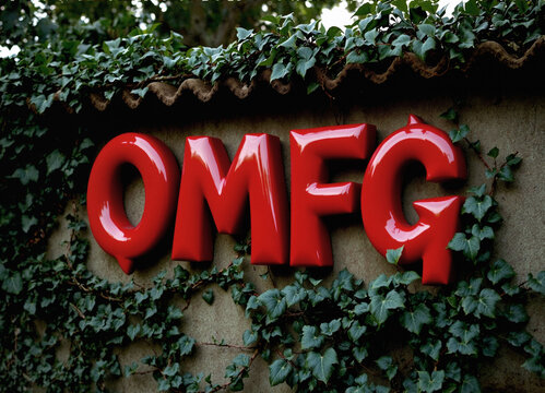 The meme word OMFG in huge red letters on a wall, Oh My God, in a creative wide extravagant font and plastic material, surreal style, cinematic scene, studio light, vignette background early morning