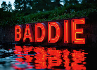 Fototapeta premium Baddie red light text near city water, meme concept with reflection, blurred backdrop early morning, lively and cinematic photo style