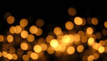 Obraz premium Golden blurred bokeh lights on black background. Glitter sparkle stars for celebrate. Overlay for your design isolated with white highlights, png