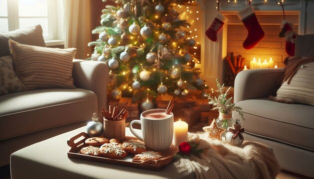Cozy living room with Christmas tree, holiday cookies, and mug of hot cocoa. Christmas and New Year, winter holidays