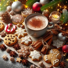Festive table with various holiday cookies and cup of hot cocoa sprinkled with cinnamon. Christmas and New Year, winter holidays