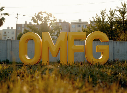 Yellow OMFG plastic lettering outside in front of a wall, subtle background early morning, natural sunlight 3D photo style