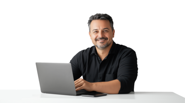 Confident Professional Smiling at Laptop - Ideal for Business Themes