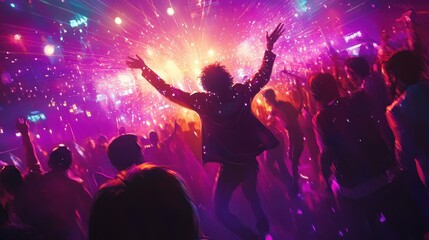 Vibrant and energetic nightclub scene with flashing lights and dancing crowd
