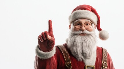 Santa Claus with a white beard and glasses points his finger upwards towards a blank white background.
