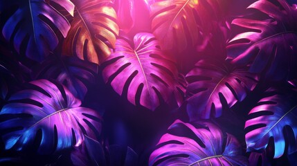 Neon Monstera Leaves with Vibrant Lighting