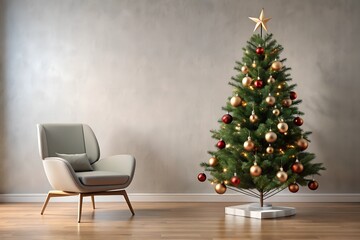 A minimalist Christmas living room featuring a tree with red and gold ornaments and a star topper. The clean design and modern armchair create a stylish and cozy holiday environment.
