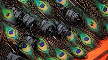 Obraz premium Black headphones lay amongst a peacock's colorful feathers.