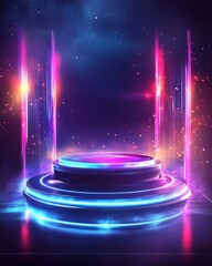 A sleek podium featuring glossy finishes, encircled by neon lighting and holographic designs, against a dark setting with luminous details for a futuristic atmosphere