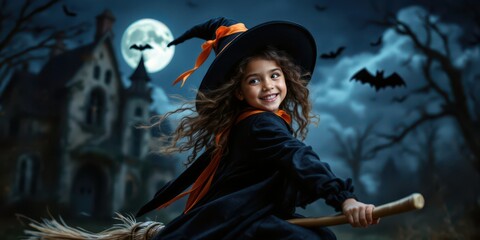 Obraz premium halloween little girl witch flying on a broomstick photo