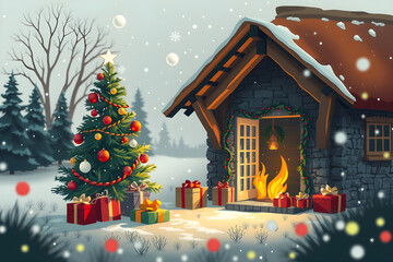 Obraz premium A Christmas scene with a Christmas tree, fire, gifts in a Christian atmosphere as a still life.