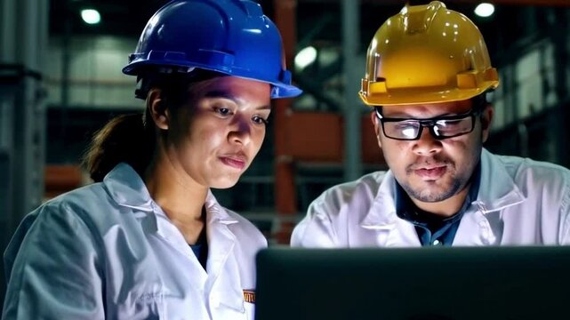 An African American technician and a female engineer engage in a focused meeting, their expressions serious and determined