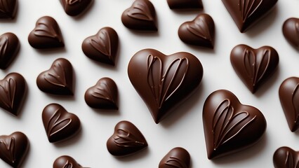 A close-up of heart shape chocolate design on the surface in a white background. 