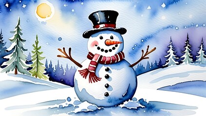 Obraz premium smiling snowman sits alone serene winter wonderland scene surrounded gentle frost sparkling ice crystals