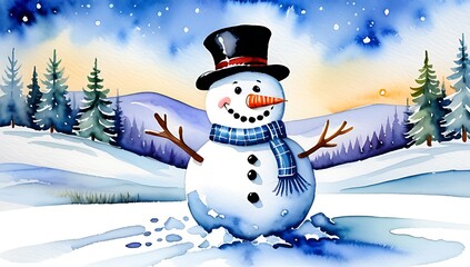 Fototapeta premium smiling snowman sits alone serene winter wonderland scene surrounded gentle frost sparkling ice crystals