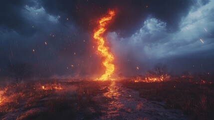 Obraz premium Fire Tornado Under Stormy Skies