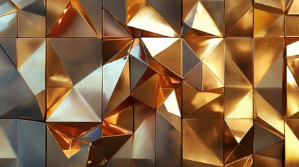 Obraz premium Intricate geometric wall of metallic tiles with gold and silver reflective surfaces creating a modern abstract pattern