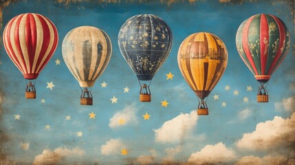 Fototapeta premium Vintage Hot Air Balloons in Starry Sky