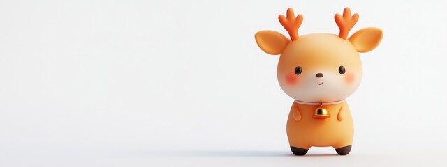 Cute cartoon reindeer with big eyes and a bell on a white background.