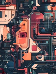 Retro-Futuristic Geometric Circuit: Bold Tech Patterns and Abstract Digital Design in Vibrant Red and Orange