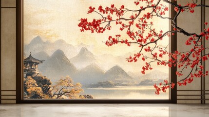 Serene Asian Landscape with Mountains and Blossoms