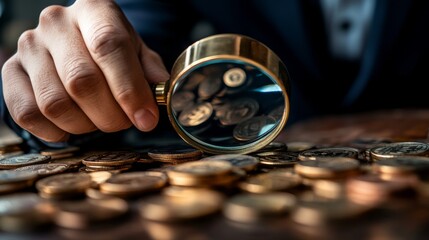 Close-Up of Coins with Magnifying Glass