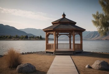 Fototapeta premium The Serene Gazebo by the Lake invites visitors on a clear, beautiful day of the year