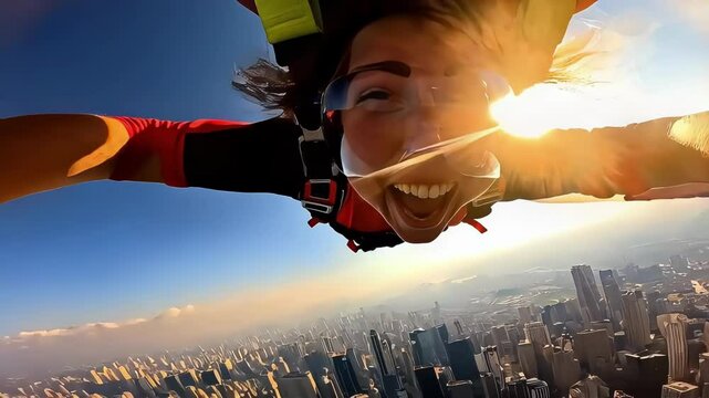 A female skydiver gliding through the sky above a cityscape.
