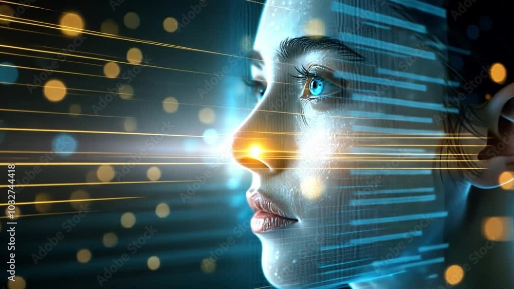 Poster a woman gazes forward with a serene expression as vibrant, glowing lines and dots surround her, symb