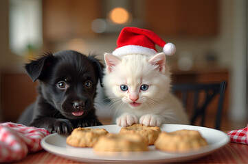 Mischievous puppy and festive kitten admiring holiday cookies with delight