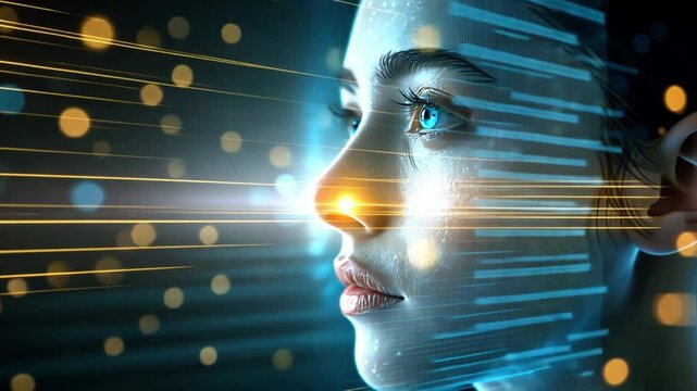 A woman gazes forward with a serene expression as vibrant, glowing lines and dots surround her, symbolizing advancements in digital technology and innovation.